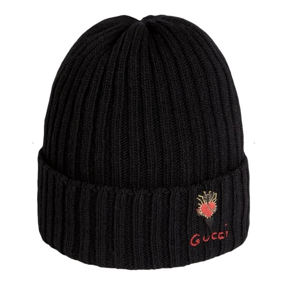 Gucci Knit Beanie Hat with Pierced Heart in Black New With Tags - Picture 3 of 7